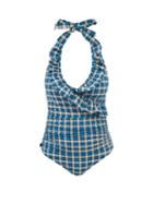 Ganni - Wrap-front Check Swimsuit - Womens - Blue Check