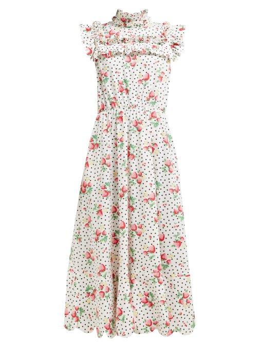 Matchesfashion.com Horror Vacui - Hilaria Strawberry And Polka Dot Cotton Maxi Dress - Womens - White Multi