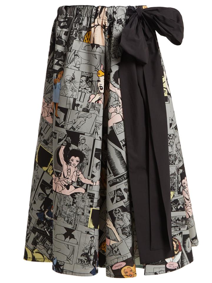 Prada Tie-waist Comic-print Cotton Skirt