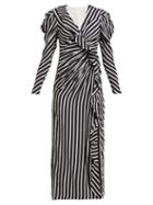 Matchesfashion.com Jonathan Simkhai - Ruffled Striped Sandwashed Crepe Midi Dress - Womens - Navy White