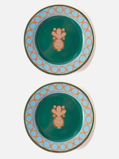 La Doublej - Set Of Two 18kt-gilded Porcelain Dessert Plates - Womens - Green Multi