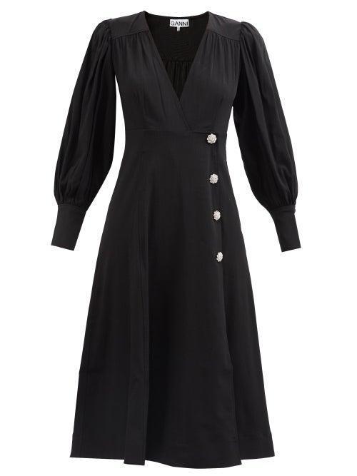 Ganni - Crystal-button Puff-sleeve Crepe Dress - Womens - Black