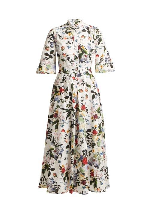 Matchesfashion.com Erdem - Kaiya Edith Print Cotton Poplin Midi Dress - Womens - White Multi