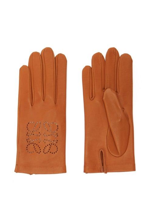 Loewe - Perforated-anagram Leather Gloves - Womens - Brown