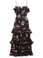 Matchesfashion.com Zimmermann - Honour Tiered Floral Print Silk Habutai Midi Dress - Womens - Black