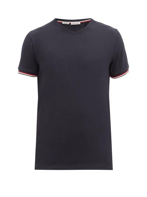 Matchesfashion.com Moncler - V-neck Striped-cuff Cotton-blend T-shirt - Mens - Navy