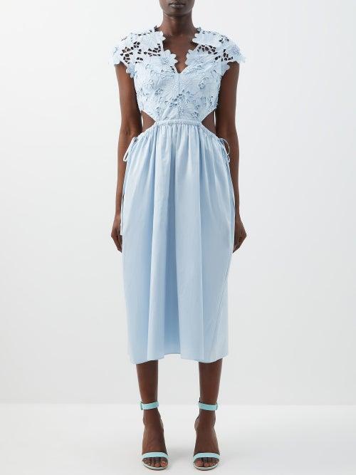 Self-portrait - Guipure Lace And Cotton-poplin Midi Dress - Womens - Light Blue