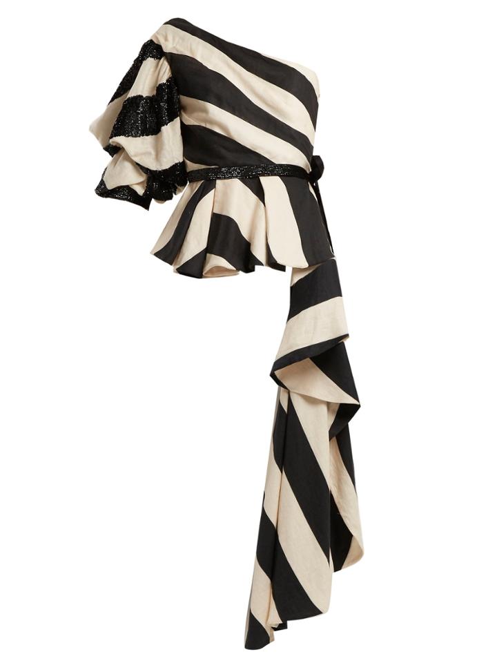 Johanna Ortiz Asymmetric Striped Linen-blend Top