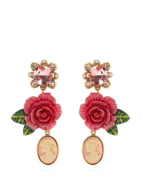 Matchesfashion.com Dolce & Gabbana - Rose And Crystal Drop Clip On Earrings - Womens - Pink