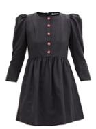 Matchesfashion.com Batsheva - Crystal-button Puff-sleeved Satin Mini Dress - Womens - Black