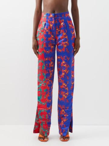 Lisa Folawiyo - Lucky Wax-print Silk Striaght-leg Trousers - Womens - Blue Multi