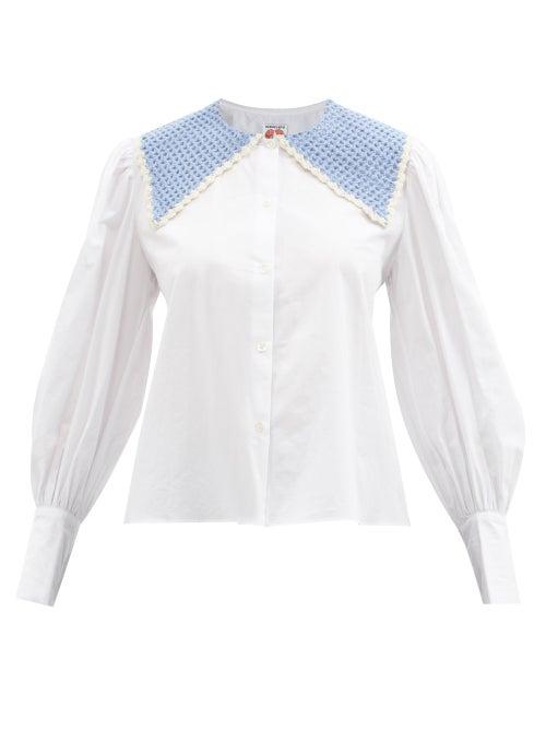 Shrimps - Crochet-collar Puff-sleeve Cotton-poplin Blouse - Womens - White