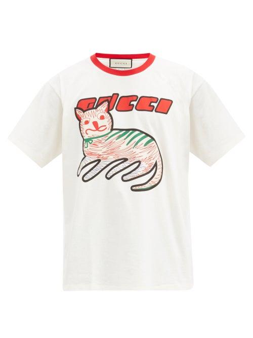 Matchesfashion.com Gucci - Cat-print Cotton-jersey T-shirt - Mens - White Multi