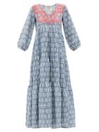 Matchesfashion.com Muzungu Sisters - Love Frangipani Hand-embroidered Linen Maxi Dress - Womens - Blue Print