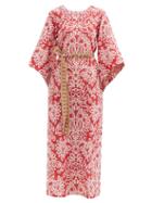 Matchesfashion.com D'ascoli - Raya Belted Floral-print Cotton-khadi Dress - Womens - Dark Pink