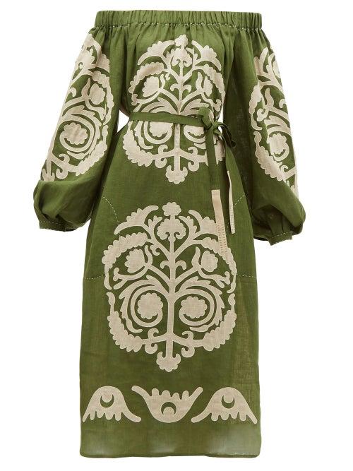 Matchesfashion.com Vita Kin - Palladium Off The Shoulder Embroidered Linen Dress - Womens - Khaki Multi