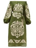 Matchesfashion.com Vita Kin - Palladium Off The Shoulder Embroidered Linen Dress - Womens - Khaki Multi