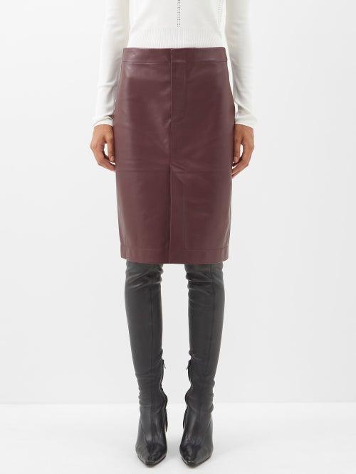 Bottega Veneta - Front-slit Leather Pencil Skirt - Womens - Burgundy