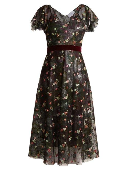 Matchesfashion.com Luisa Beccaria - Floral Embroidered Abstract Print Tulle Dress - Womens - Black Multi