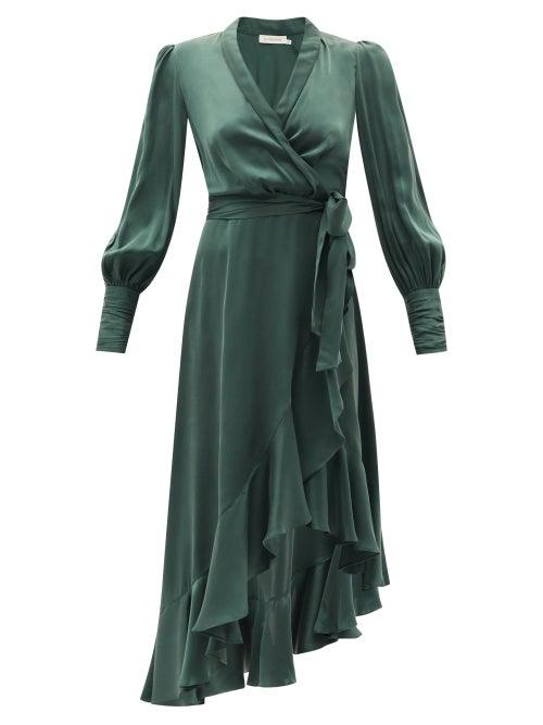 Matchesfashion.com Zimmermann - Bishop-sleeve Silk Wrap Midi Dress - Womens - Green
