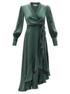 Matchesfashion.com Zimmermann - Bishop-sleeve Silk Wrap Midi Dress - Womens - Green
