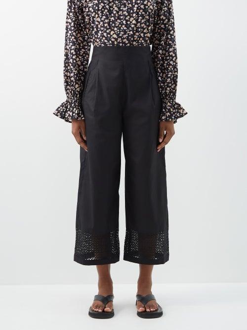 Merlette - Leon Lace-cuff Cotton-broadcloth Trousers - Womens - Black