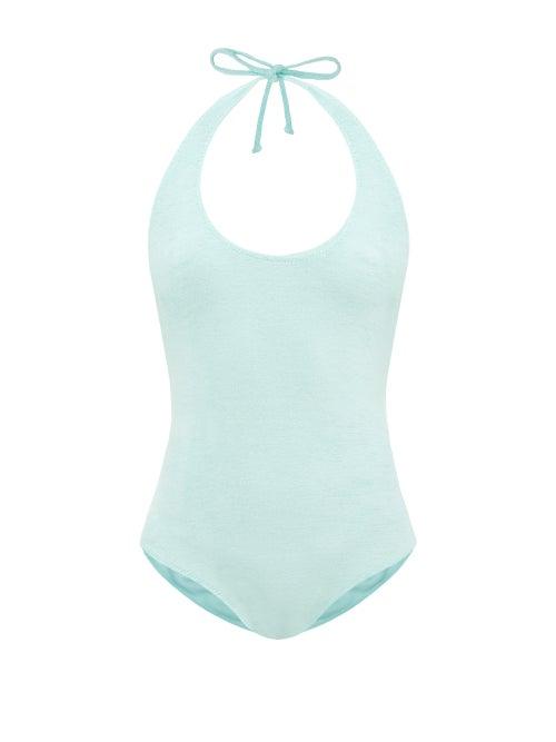 Ladies Beachwear Lisa Marie Fernandez - Amber Scoop-neck Cotton-blend Terry Swimsuit - Womens - Green