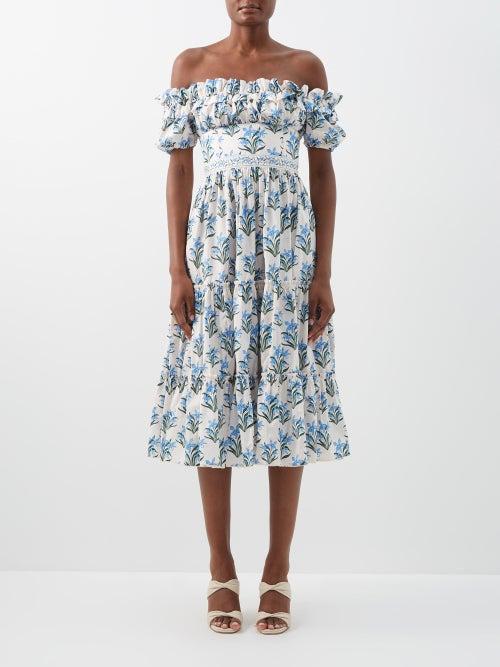 Agua By Agua Bendita - Banana Floral-print Cotton-poplin Midi Dress - Womens - Blue Print