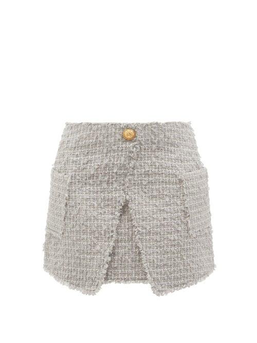 Ladies Rtw Balmain - Wrap-effect Tweed Mini Skirt - Womens - Grey