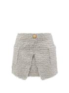 Ladies Rtw Balmain - Wrap-effect Tweed Mini Skirt - Womens - Grey