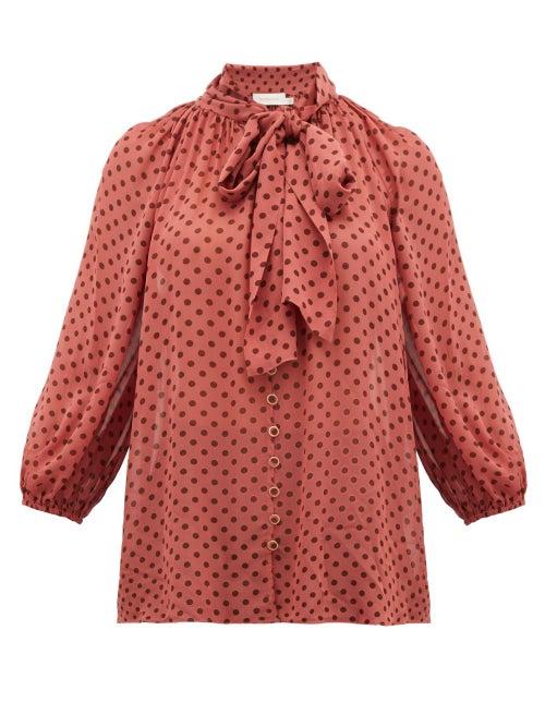Matchesfashion.com Zimmermann - Espionage Pussy Bow Polka Dot Chiffon Blouse - Womens - Pink Print