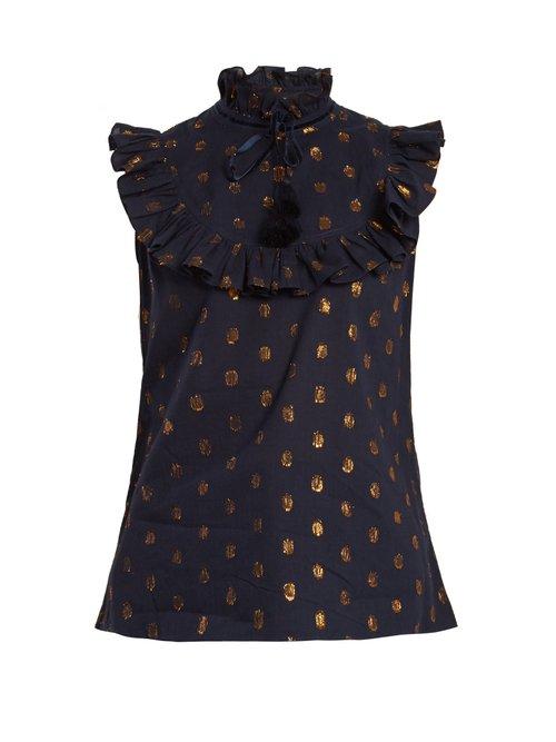 Matchesfashion.com Figue - Lila Polka Dot Jacquard Cotton Blend Top - Womens - Navy