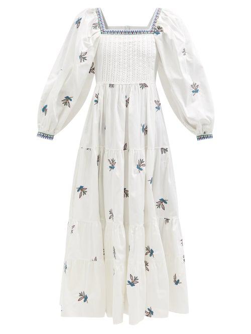 Lug Von Siga - Daphne Floral-embroidered Cotton Maxi Dress - Womens - White Blue