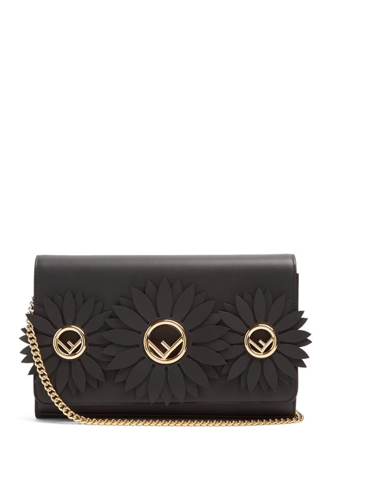 Fendi Flower And Logo-embellished Leather Clutch