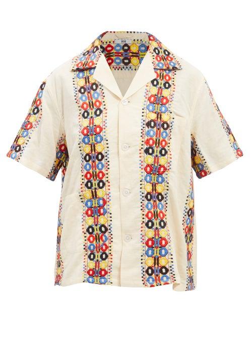 Bode - Louie Embroidered Short-sleeved Linen-blend Shirt - Womens - Red Multi