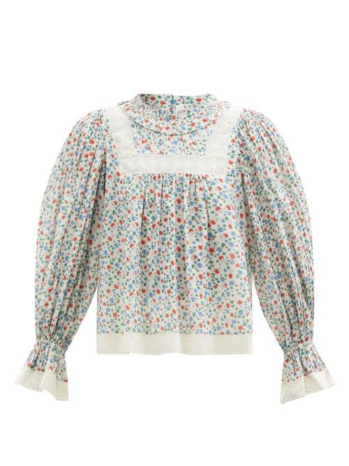 Ladies Rtw Sea - Bubbie Balloon-sleeve Floral-print Cotton Blouse - Womens - Pink Multi