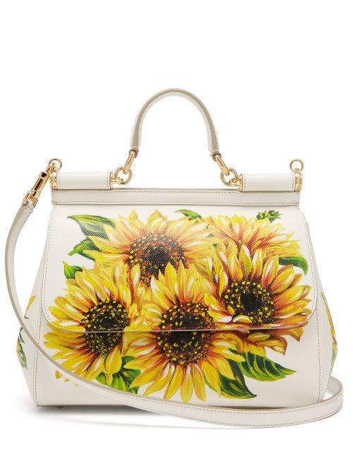 Matchesfashion.com Dolce & Gabbana - Sicily Medium Sunflower Print Leather Bag - Womens - White Multi