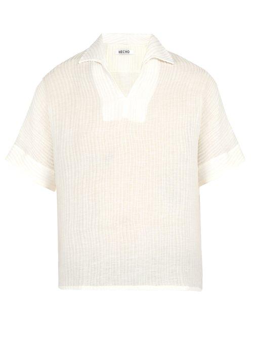 Matchesfashion.com Hecho - Open Collar Ribbed Silk And Linen Blend Shirt - Mens - Ivory