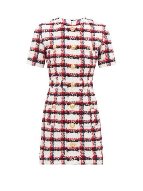 Matchesfashion.com Balmain - Check Wool-blend Tweed Mini Dress - Womens - Red Multi