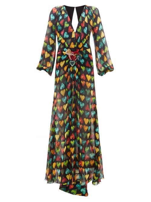 Matchesfashion.com Versace - Heart Print Embellished Plaque Silk Chiffon Gown - Womens - Black Multi