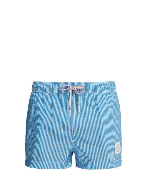Matchesfashion.com Thom Browne - Striped Seersucker Swim Shorts - Mens - Light Blue