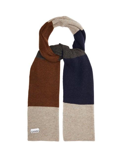 Matchesfashion.com Ganni - Logo Label Colour Blocked Lambswool Blend Scarf - Womens - Brown