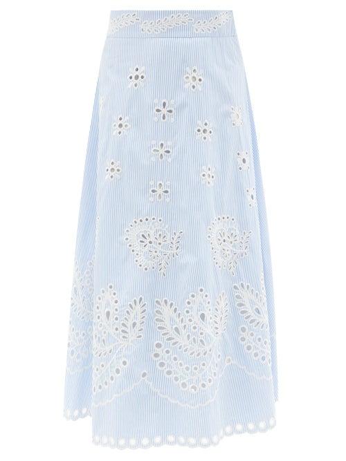 Matchesfashion.com Redvalentino - Sangallo-embroidered Striped Cotton-poplin Skirt - Womens - Light Blue
