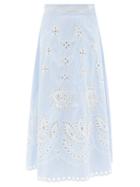 Matchesfashion.com Redvalentino - Sangallo-embroidered Striped Cotton-poplin Skirt - Womens - Light Blue