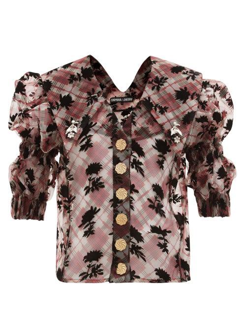 Matchesfashion.com Chopova Lowena - Flower-flocked Check Taffeta Blouse - Womens - Brown Multi