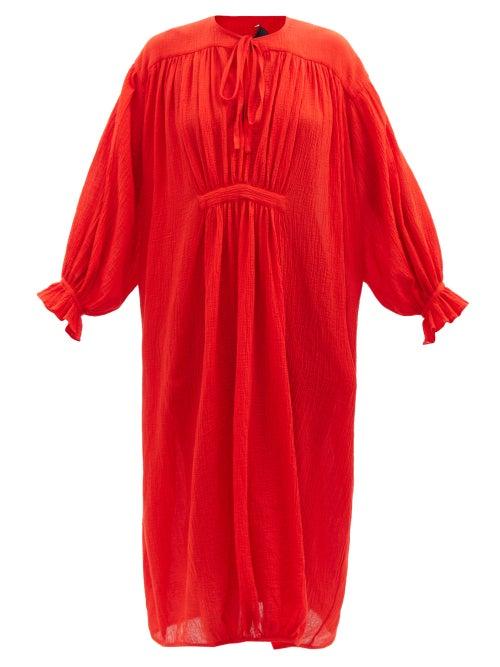 Les Vacances D'irina - Hazy Tie-neck Cotton-voile Midi Dress - Womens - Red