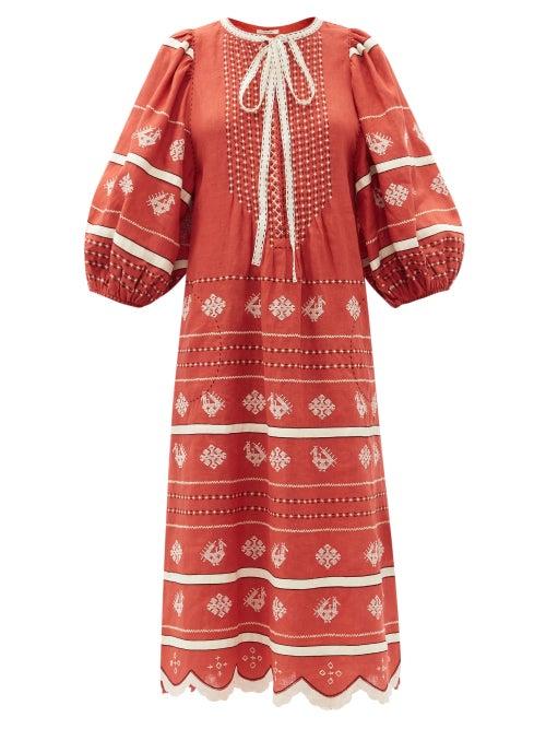 Matchesfashion.com Vita Kin - Vitebsk Pussy-bow Linen Midi Dress - Womens - Red White