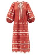 Matchesfashion.com Vita Kin - Vitebsk Pussy-bow Linen Midi Dress - Womens - Red White