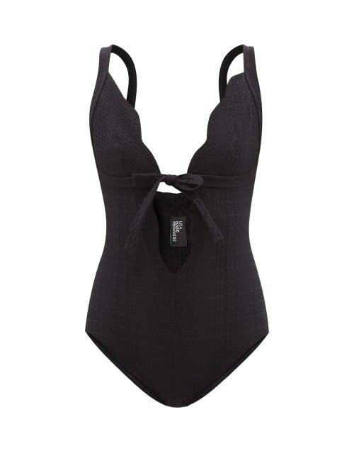 Lisa Marie Fernandez - Scalloped-edge Seersucker Swimsuit - Womens - Black