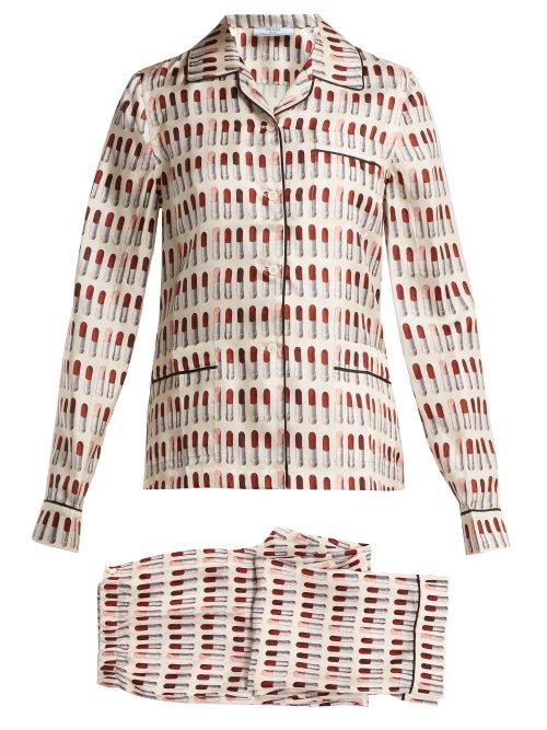Matchesfashion.com Prada - Lipstick Print Silk Pyjama Set - Womens - White Print
